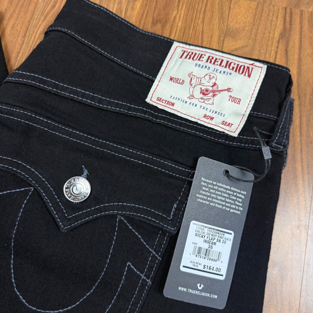 NWT True Religion Ricky Relaxed Straight Flap Pocket Jeans Black W36 L30 NWT